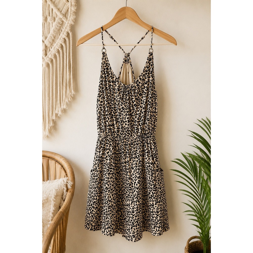 Guess Leopard Print Y2K Mini Dress Lined Pockets Racerback Adjustable Straps M